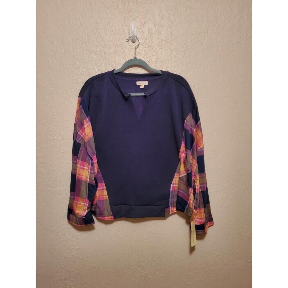 paper+tee Womens plus Sz 2x crop sweatshirt colorblock/Plaid pockets